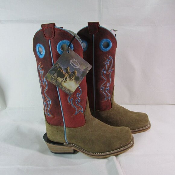 Old West Kid's Square Toe Suede Western Boots Camel/Red 8206 - Picture 1 of 4